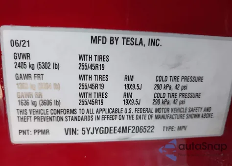 2021 Tesla Model Y Long Range Dual Motor All-Wheel Drive from USA, damaged, VIN 5YJYGDEE4MF206522